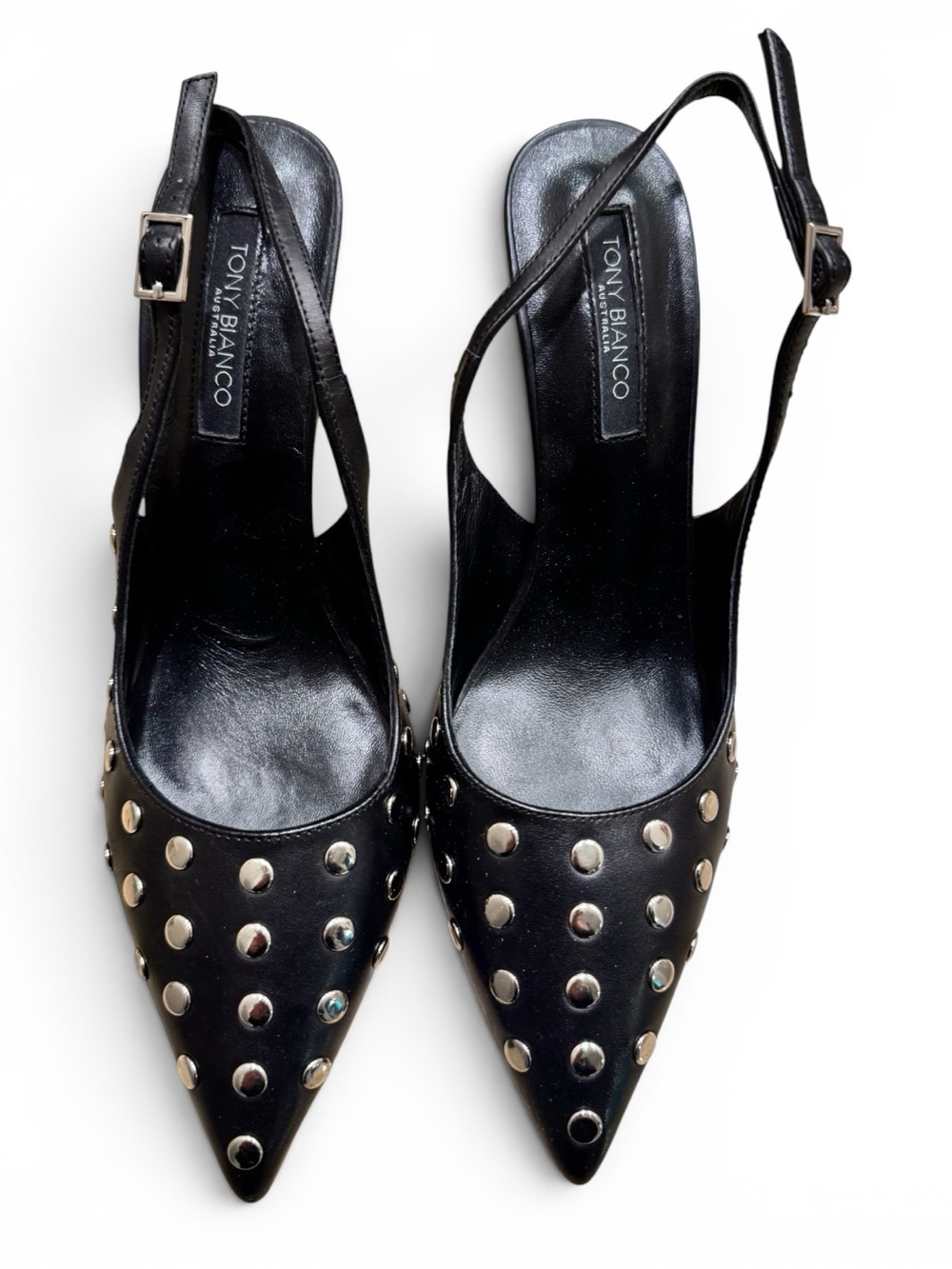 Tony Bianco Black Pointed Slingback Pumps with Silver Studs